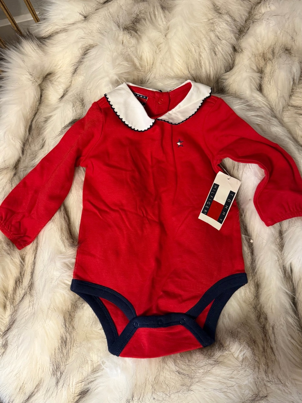 NWT Tommy Hilfiger Red Long-Sleeve Baby Bodysuit with White Peter Pan Collar